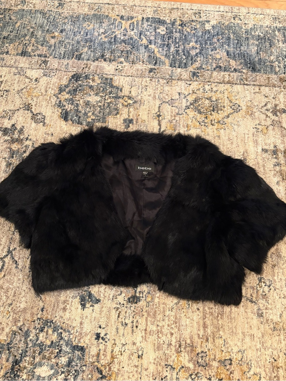 Y2K Bebe 100% Dyed Rabbit Fur Black Coat Cropped Short Sleeve Vintage Size Large